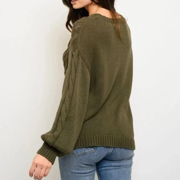 Olive Green Casual Contemporary Cable knit Sweater - Picture 3 of 3
